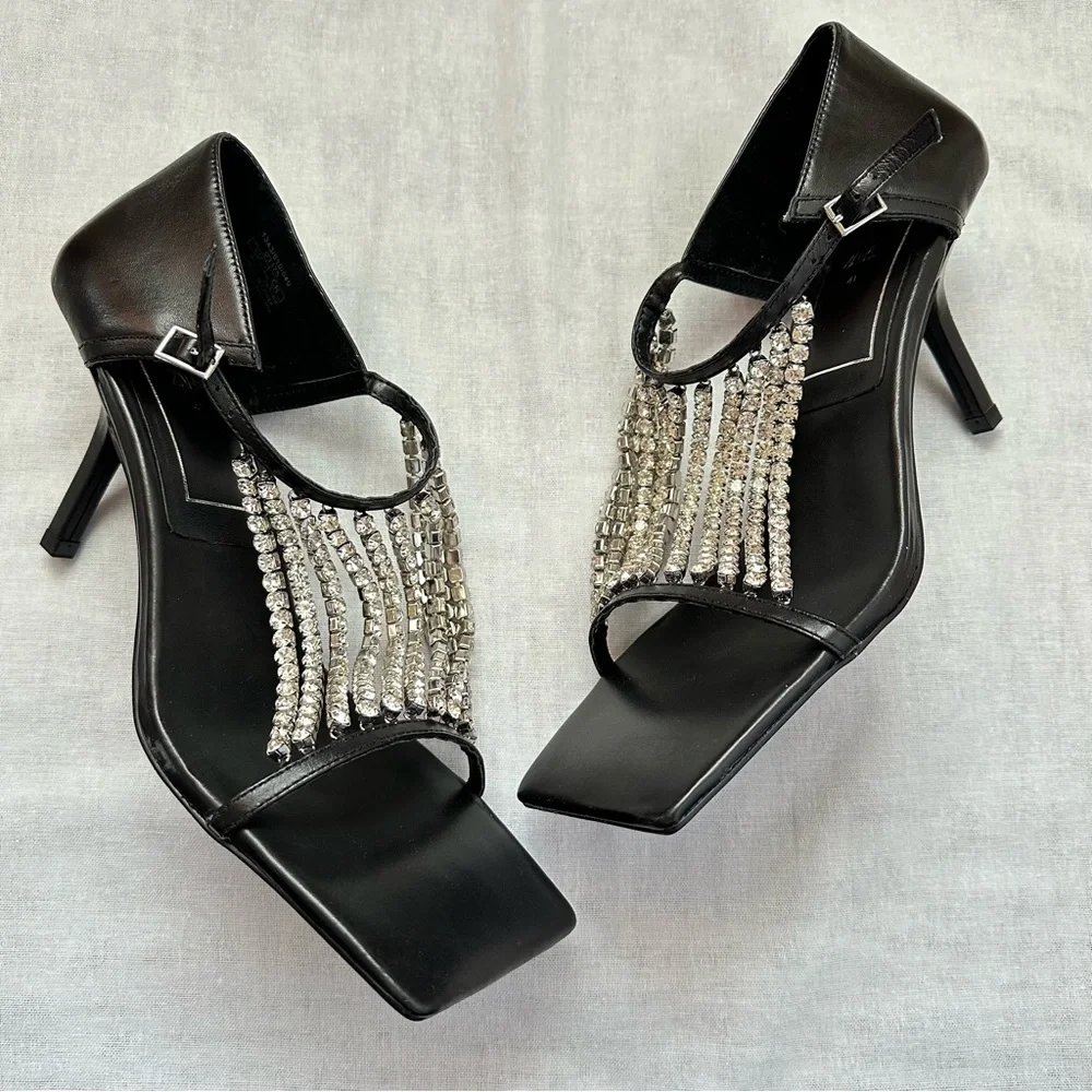 New Zara $129 Rhinestone Square Toe Black Sandals 1343/610 Size 10 RARE - Picture 4 of 16